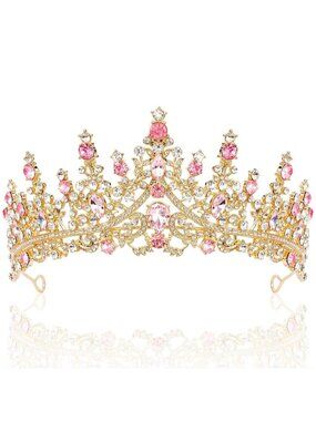 Women's Gold Pink Crystal Queen Crown Tiara Wedding Princess Headpiece